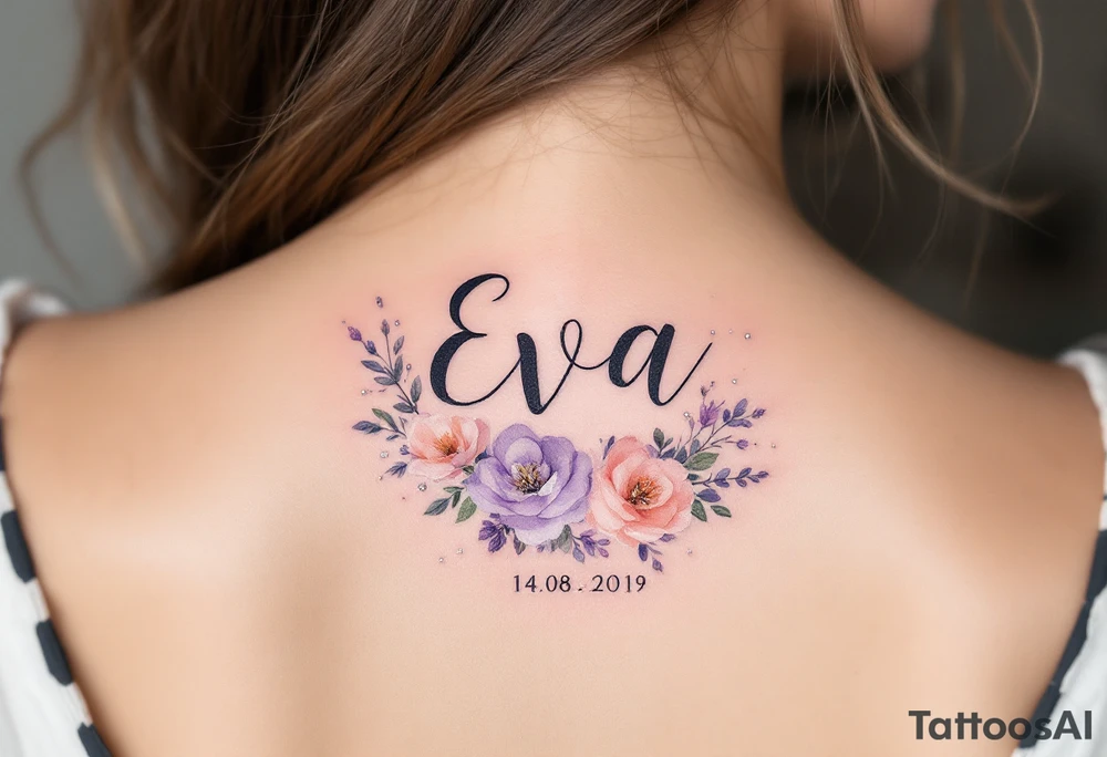 Eva 14. 08. 2019 – Lavender and soft peach blooms encircling Eva's birthdate, with silver glitter accents sprinkled throughout. tattoo idea