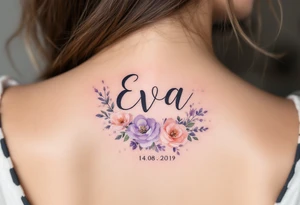 Eva 14. 08. 2019 – Lavender and soft peach blooms encircling Eva's birthdate, with silver glitter accents sprinkled throughout. tattoo idea