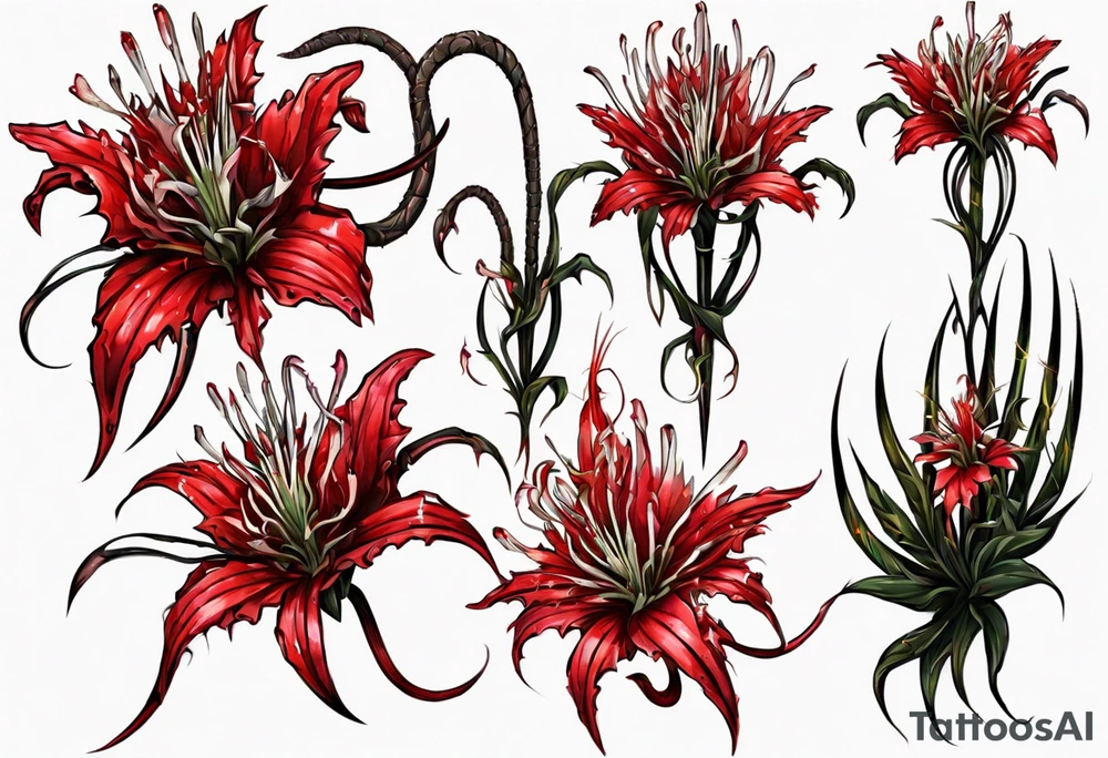 Red spiked spider lily a snake wrappes around the stem of the flower. tattoo idea