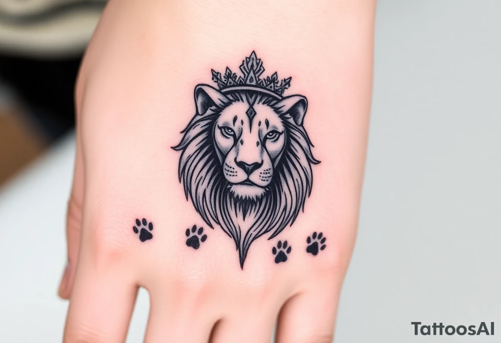 powerful goregous
 lioness with a crown, surrounded by cub prints tattoo idea