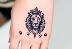 powerful goregous
 lioness with a crown, surrounded by cub prints tattoo idea