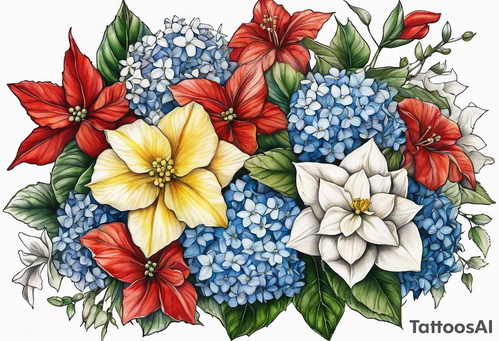Hydrangea, Narcissus, Poinsettia, Holly, Gladiolus, Poppy, Daisy, Sweet Pea floral bouquet tattoo idea