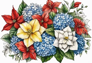 Hydrangea, Narcissus, Poinsettia, Holly, Gladiolus, Poppy, Daisy, Sweet Pea floral bouquet tattoo idea