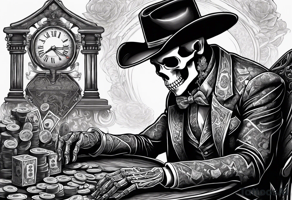 Skeleton in fancy suit, with cowboy hat, sitting at the table, holding poker tokens, lots of cash, large columns in background tattoo idea tattoo idea