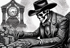 Skeleton in fancy suit, with cowboy hat, sitting at the table, holding poker tokens, lots of cash, large columns in background tattoo idea tattoo idea