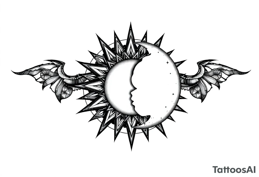 celestial sun and moon embrace with constellation patterns tattoo idea