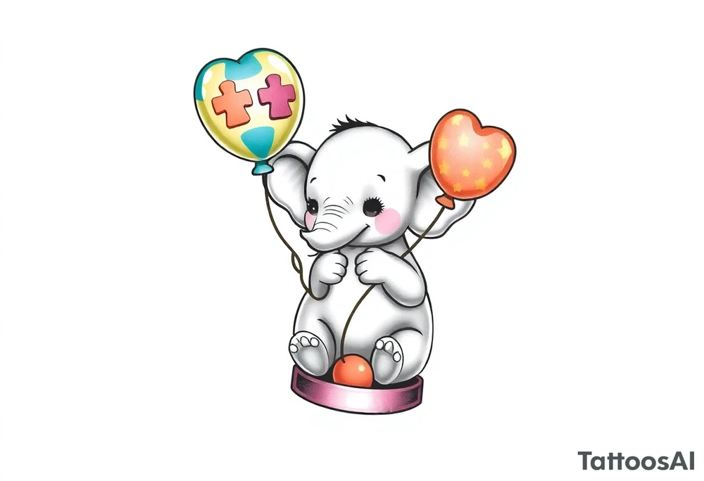 Baby elephant in  hour glass holding autism balloon tattoo idea