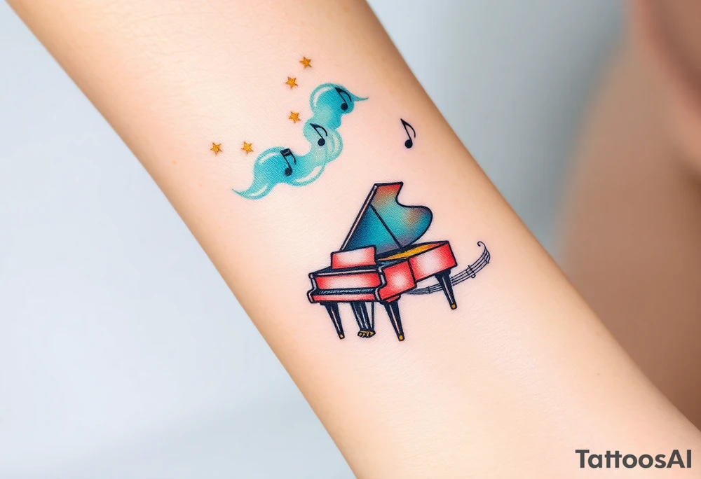 grand piano under stars and music notes tattoo idea