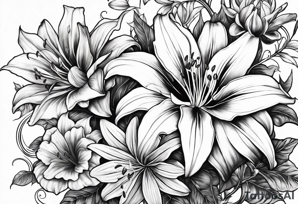 Lillies, roses, morning glories, chrysanthemums tattoo idea