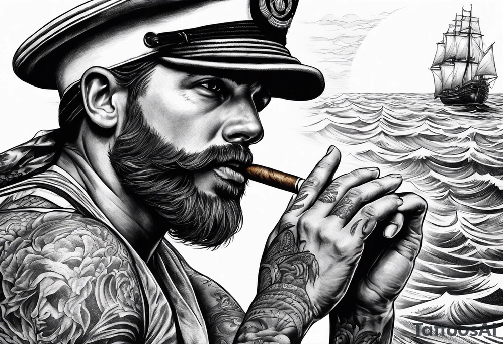 Sailor in
sea with his ship holding his cigar tattoo idea Sailor in
sea with his ship holding his cigar tattoo idea