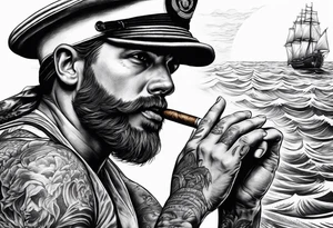 Sailor in 
sea with his ship holding his cigar tattoo idea