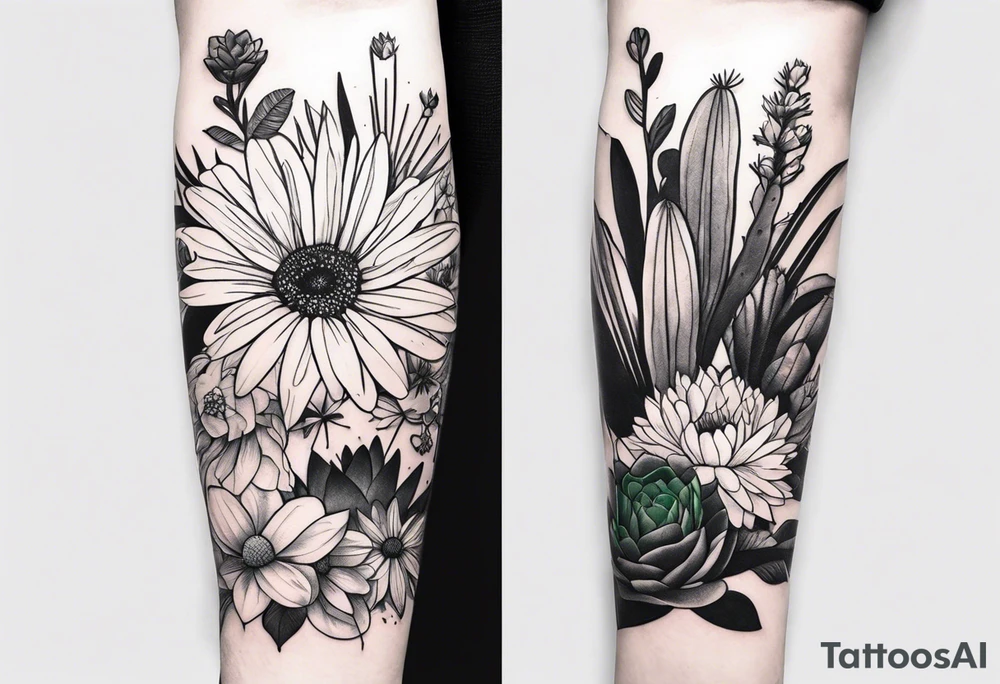 Forearm sleeve with cactus, daisies, and greenery tattoo idea