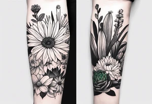 Forearm sleeve with cactus, daisies, and greenery tattoo idea