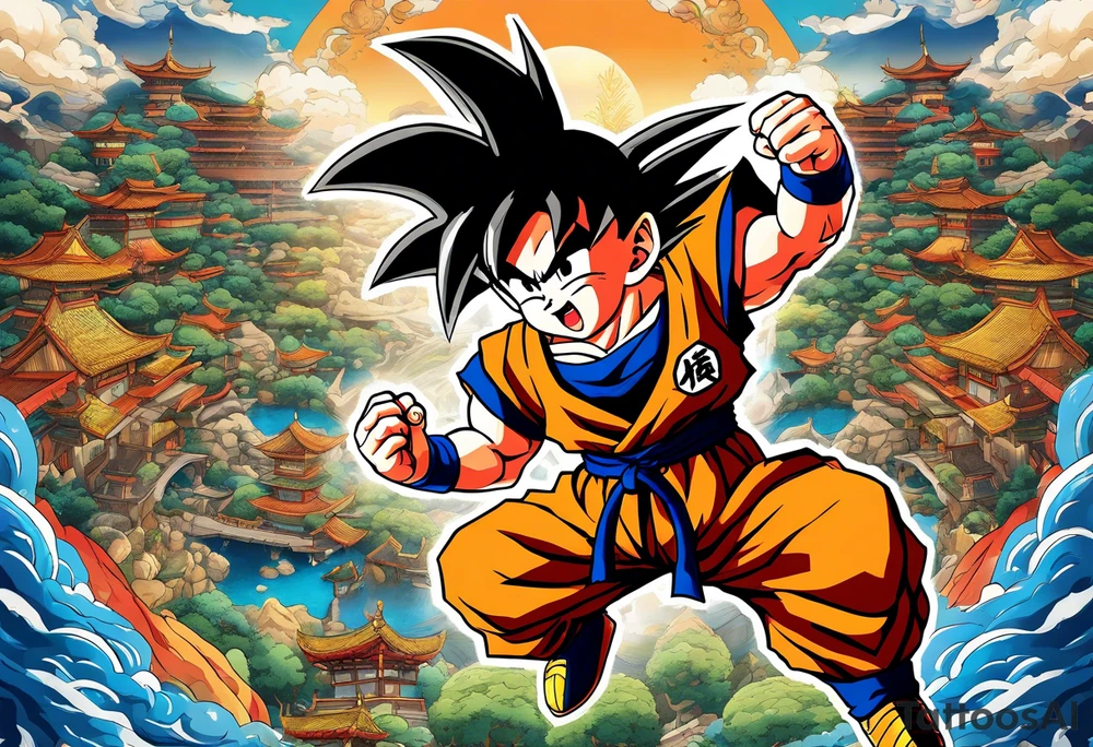 Son-Goku as a child in the foreground and an older version of him as a super saiyajin behind him. A huge dragonball surrounds the whole scenery. Fokus friends are behind him as shadows tattoo idea