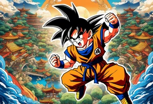 Son-Goku as a child in the foreground and an older version of him as a super saiyajin behind him. A huge dragonball surrounds the whole scenery. Fokus friends are behind him as shadows tattoo idea