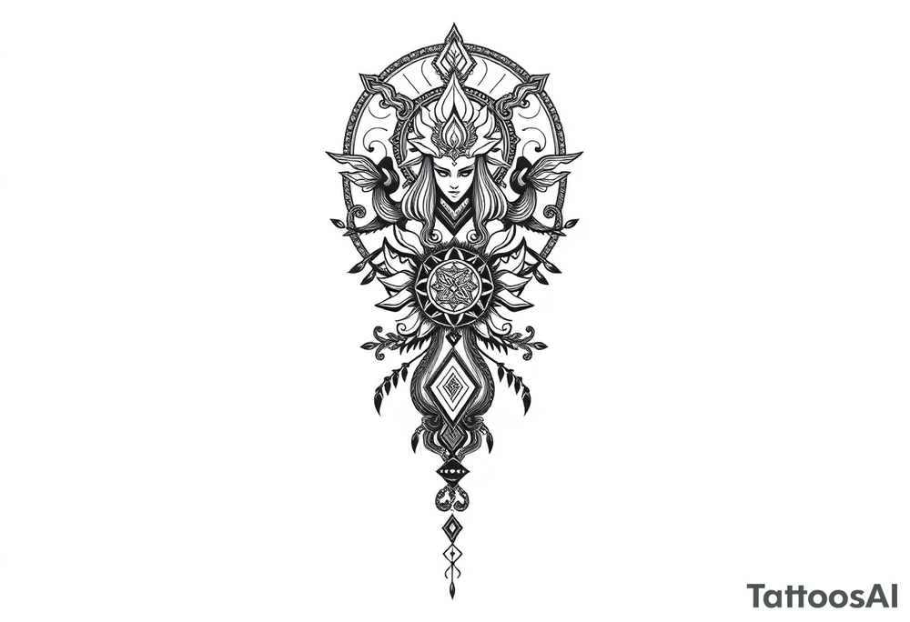 mystical long ornament tattoo with shaman and witch style and ancient rhyme tattoo idea
