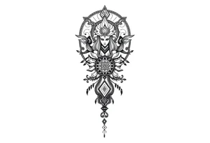 mystical long ornament tattoo with shaman and witch style and ancient rhyme tattoo idea