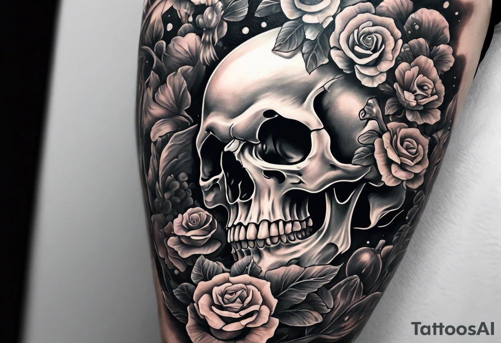 A full arm sleeve Skull with mushrooms attached like it’s becoming a part of them tattoo idea