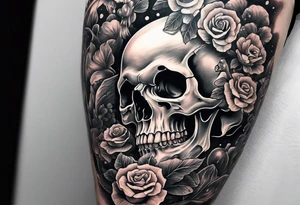 A full arm sleeve Skull with mushrooms attached like it’s becoming a part of them tattoo idea