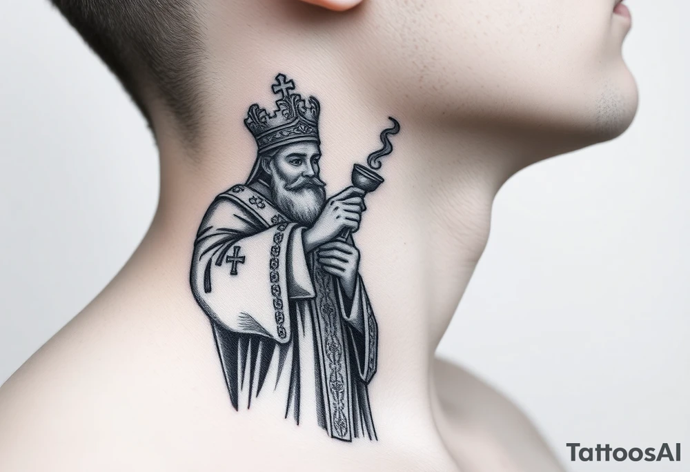Russian Orthodox Priest in fully detailed vestment swinging a censer with smoke curling upward tattoo idea