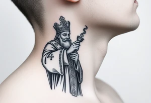 Russian Orthodox Priest in fully detailed vestment swinging a censer with smoke curling upward tattoo idea