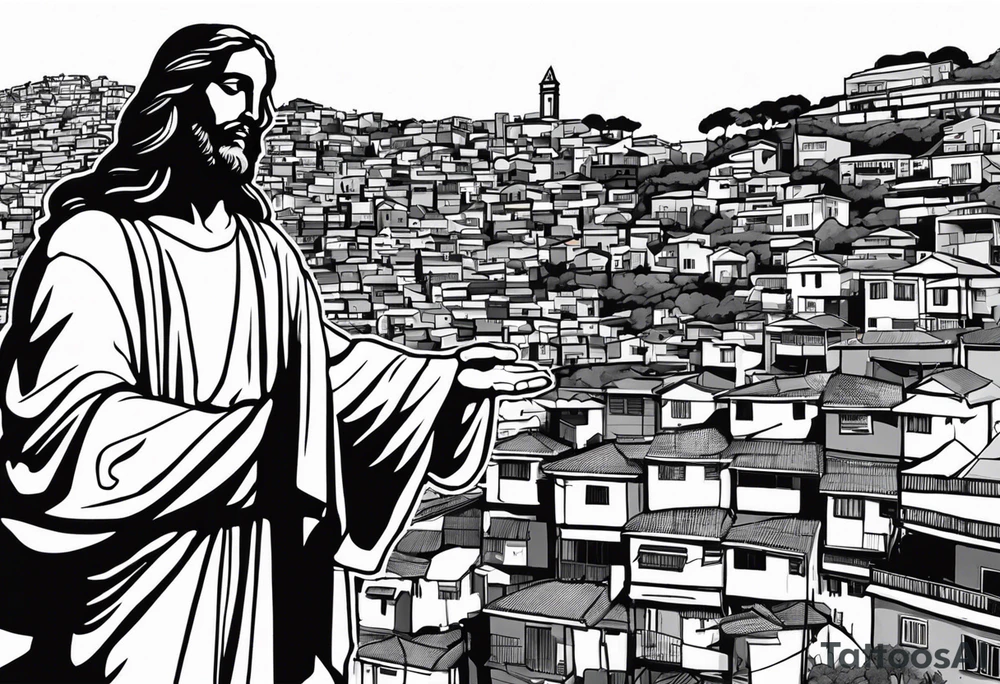 statue of jesus from Rio De Janeiro, below him as background there are favelas houses and above his hands as background is sky with slight clouds tattoo idea