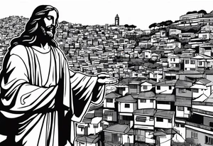 statue of jesus from Rio De Janeiro, below him as background there are favelas houses and above his hands as background is sky with slight clouds tattoo idea