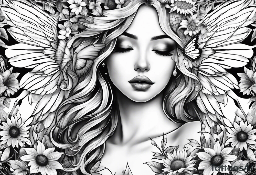 Sleeve with angel wings, sunflower and butterfly tattoo idea
