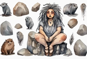 a plump mole woman with large round eyes, covered in grey fur with messy brown dreadlocks sitting in stone throne in a cave tattoo idea