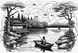 forearm tattoo set on a lake. At the bottom of the tattoo there is a boat dock with a little boy fishing and a little girl reading. There are trees surrounding the lake. It is set in fall tattoo idea