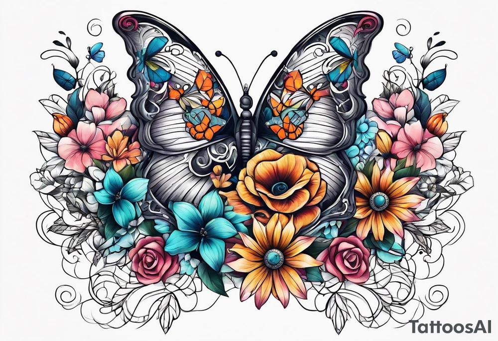 rib cage with flowers surrounding it and butterflies tattoo idea