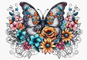rib cage with flowers surrounding it and butterflies tattoo idea