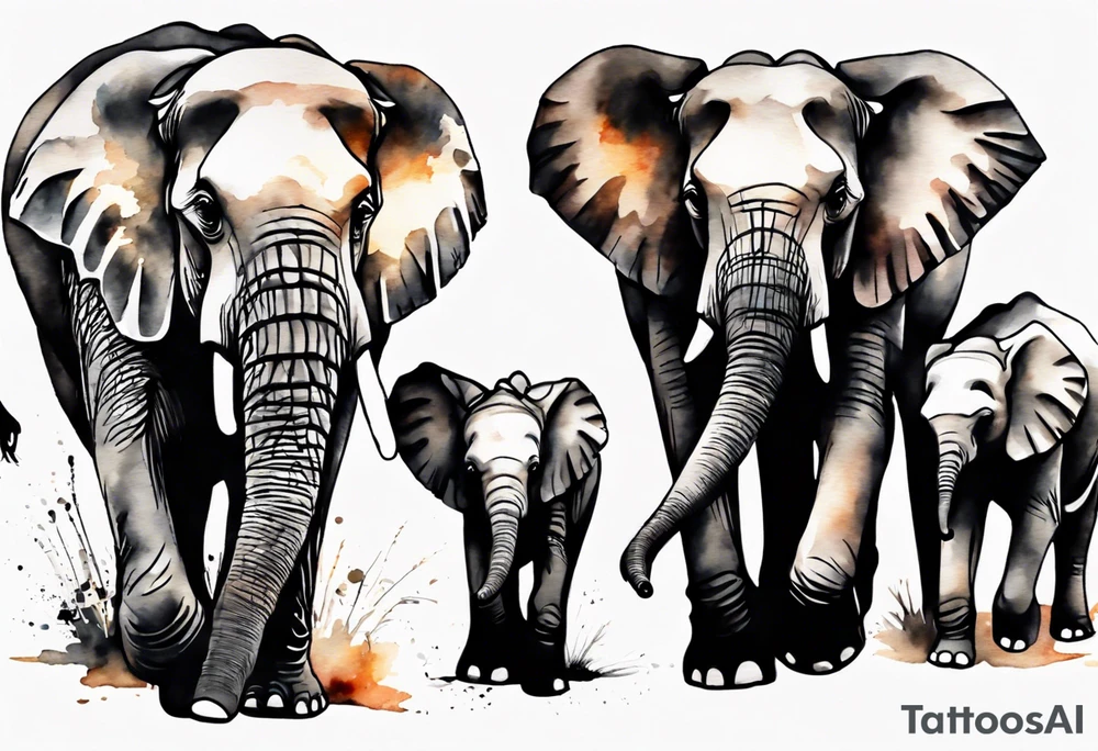 family of 6 elephants walking into sunset tattoo idea