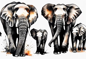 family of 6 elephants walking into sunset tattoo idea
