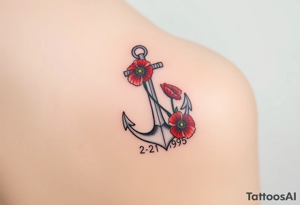 Nautical anchor with red poppy flowers and the date 2-21-1995 tattoo idea