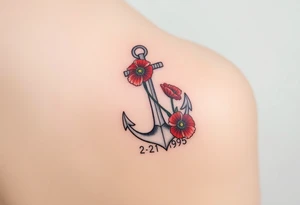 Nautical anchor with red poppy flowers and the date 2-21-1995 tattoo idea