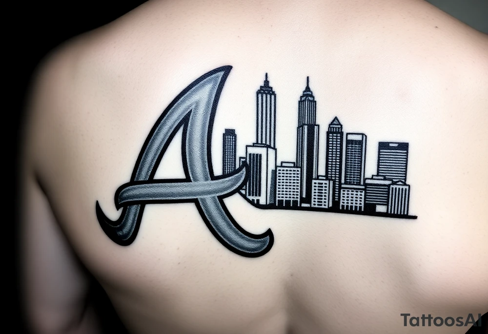 Atlanta Braves letter logo “A” overlapping the Atlanta skyline in the back on the right. The buildings as concise and jam packed parallel the logo. tattoo idea