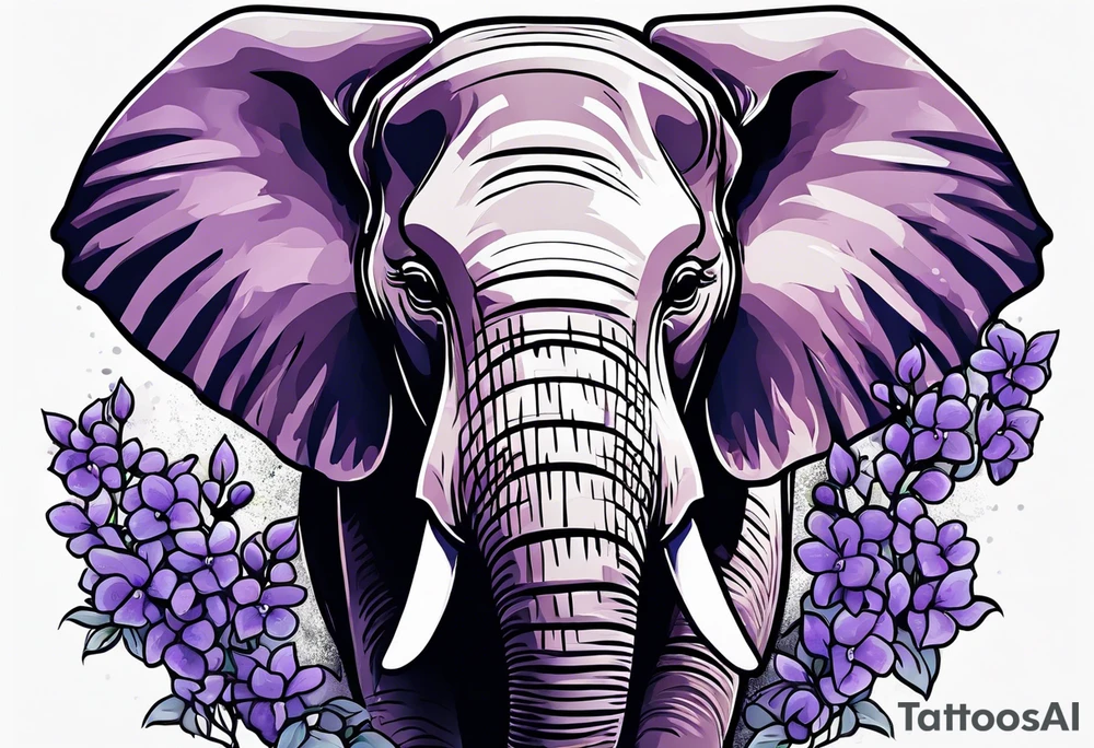 Elephant face half covered with lilacs tattoo idea