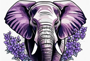 Elephant face half covered with lilacs tattoo idea