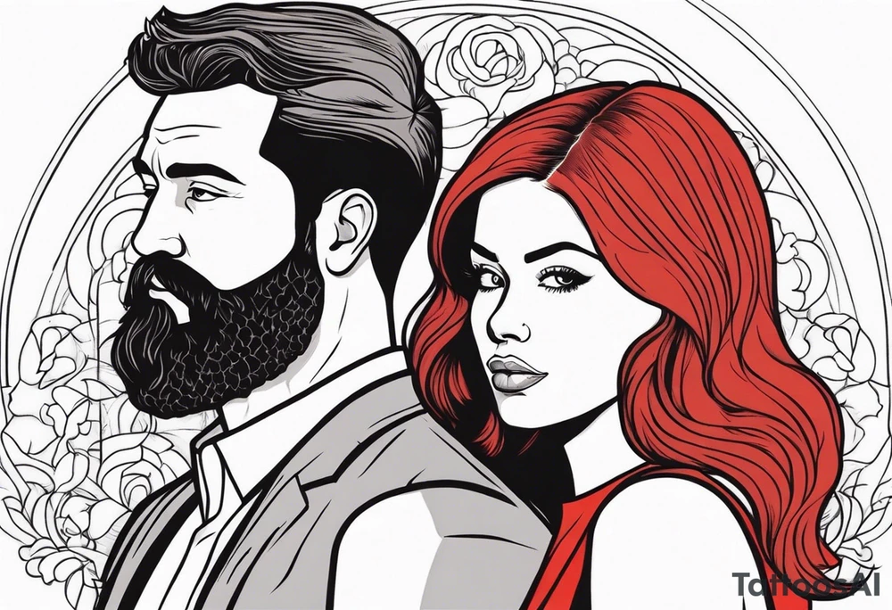 Busty red haired woman with a bearded man who has black hair tattoo idea