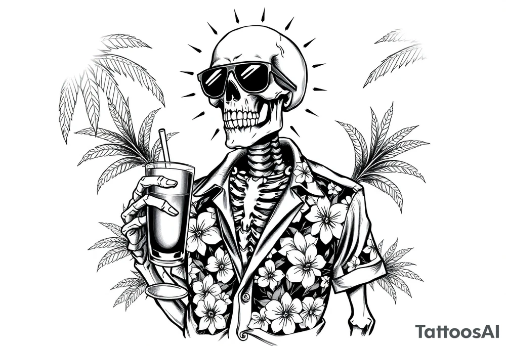 a skeleton in hawaiian shirt, palms, a cocktail,sun,sun-glasses,"Take it easy and relax"! tattoo idea