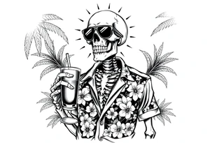 a skeleton in hawaiian shirt, palms, a cocktail,sun,sun-glasses,"Take it easy and relax"! tattoo idea