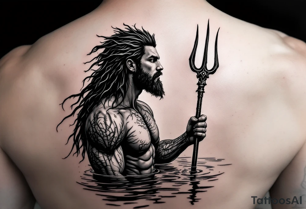 fit young poseidon, with trident, in calm water, looking at the sky tattoo idea