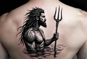 fit young poseidon, with trident, in calm water, looking at the sky tattoo idea