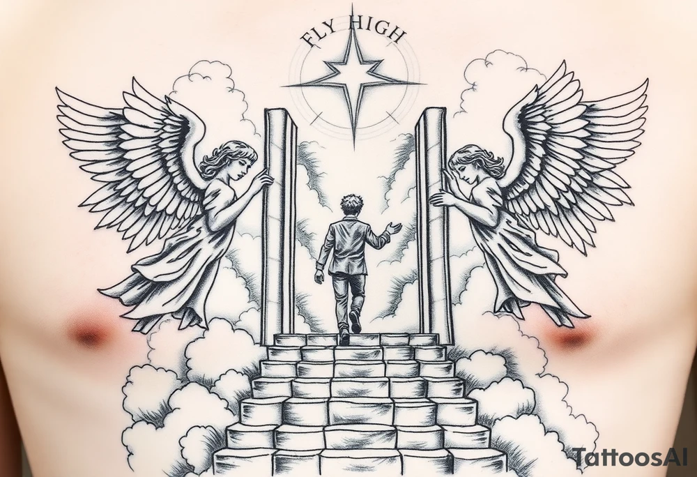 Too strong maleangels holding open the gates of heaven with the male figure walking up the steps.Saying fly high baby boy Realistic angels With clouds in the background and I won't text that I fly hi.Gh baby boy chess fully covered tattoo idea