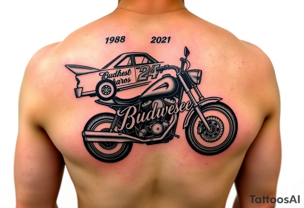 An arm tattoo with Dale Earnhardt car on it with the year 1958 - 2021 intertwined with a motorcycle with a Budweiser logo on it tattoo idea