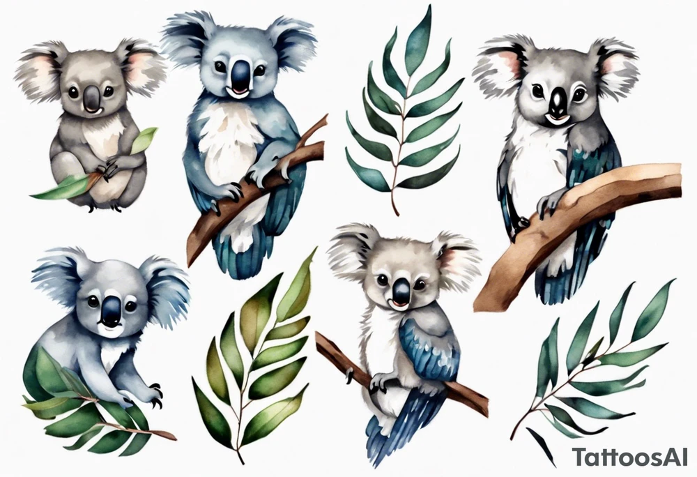 A koala with a kookaburra with eucalyptus leaves and wattle leaves tattoo idea