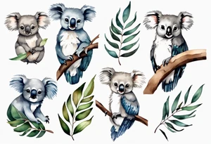 A koala with a kookaburra with eucalyptus leaves and wattle leaves tattoo idea