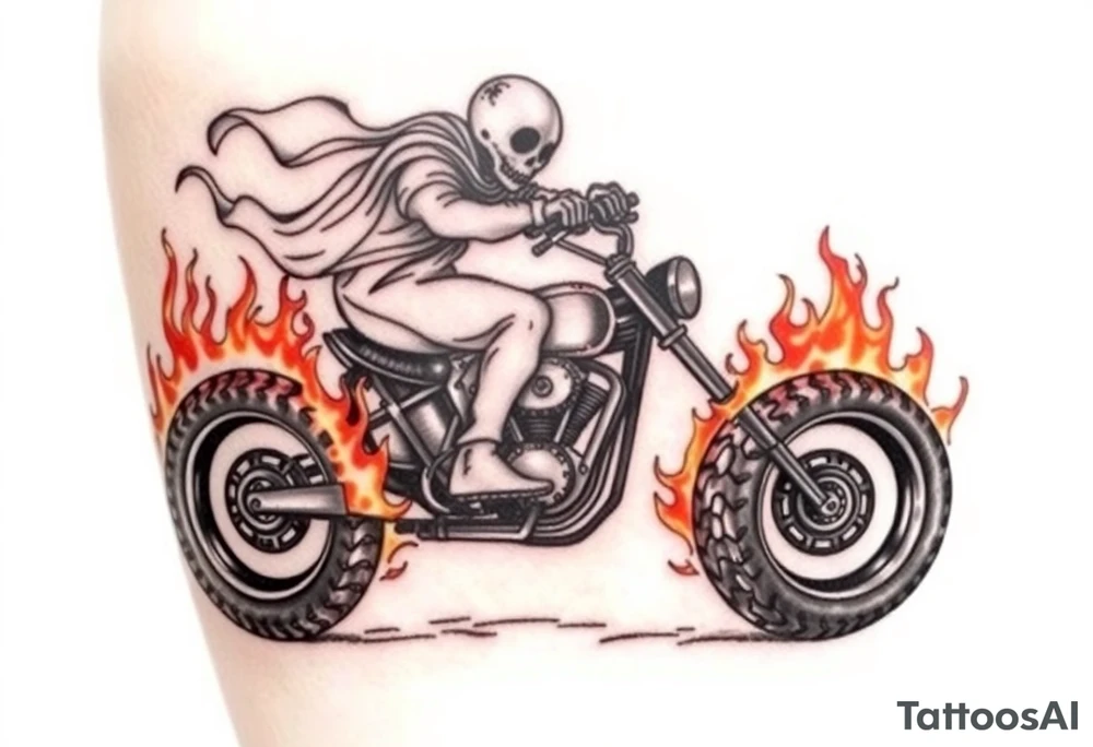 Ghost rider riding leaving fire tire marks tattoo idea