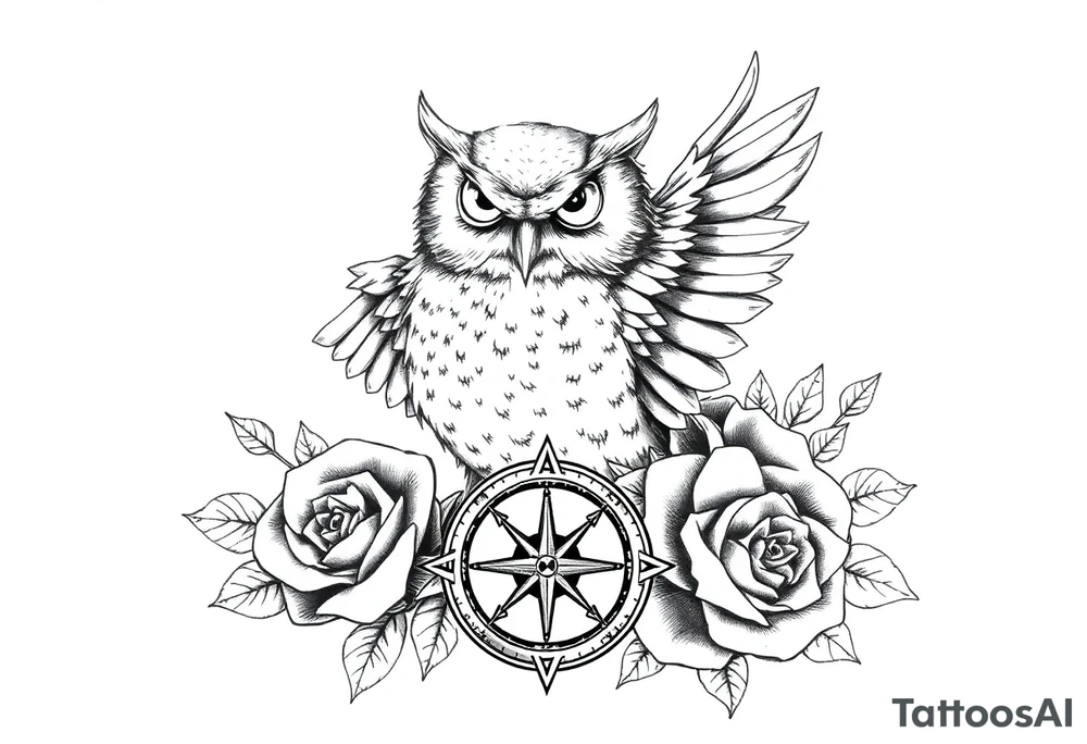 an owl,compass,roses, tattoo idea